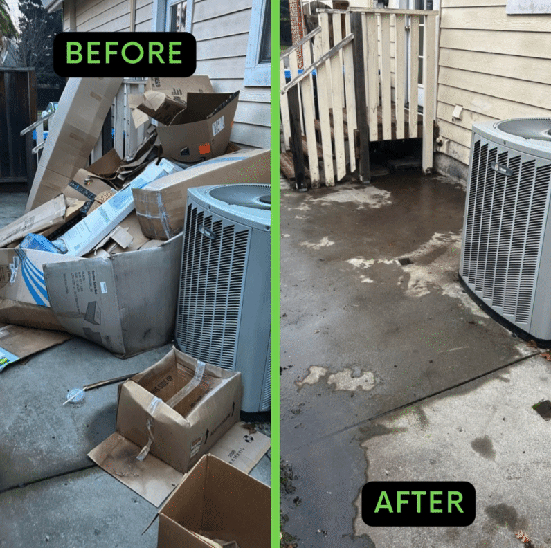 Before and after images of a backyard AC unit area cleaned up by Major Junk Hauling, showing the removal of junk and debris to reveal a tidy and clear space.