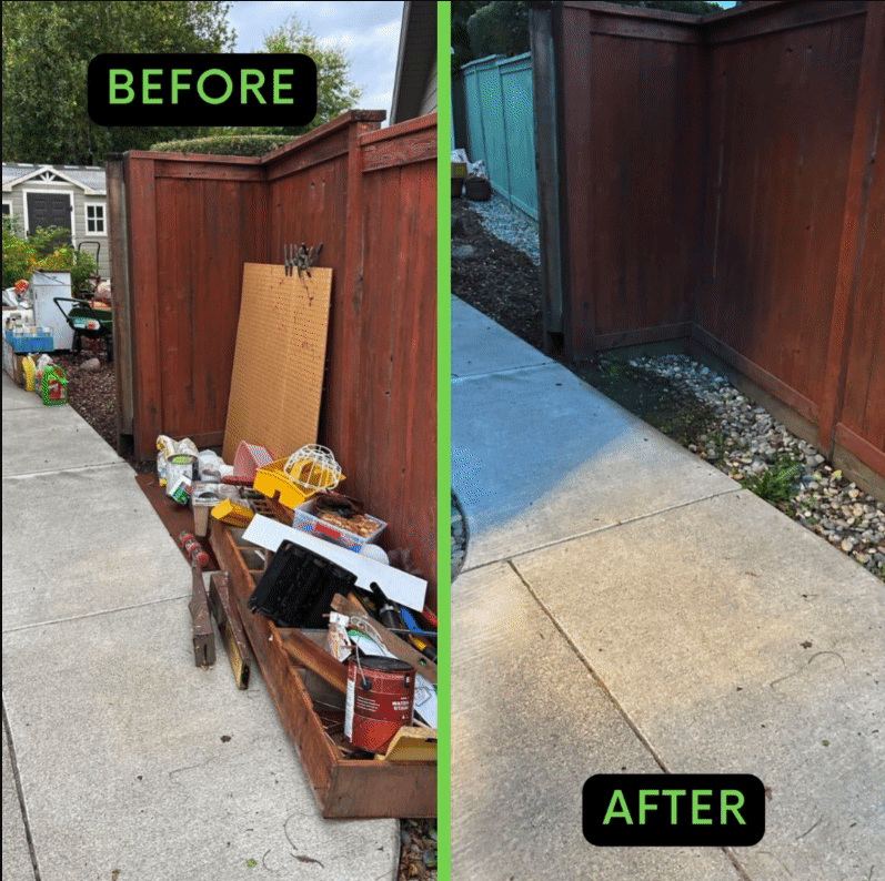 Before and after images of a backyard fence cleanup by Major Junk Hauling, showing the area's transformation from cluttered with junk to beautifully clean and clear.