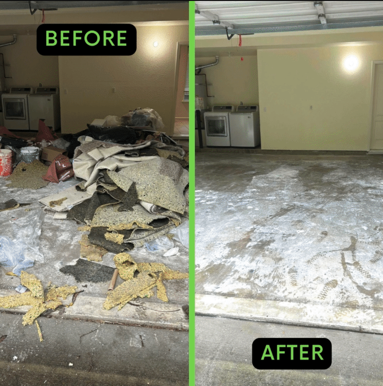 Before and after photos of a garage cleanup by Major Junk Hauling, showcasing the removal of clutter to reveal a spacious, clean garage floor.