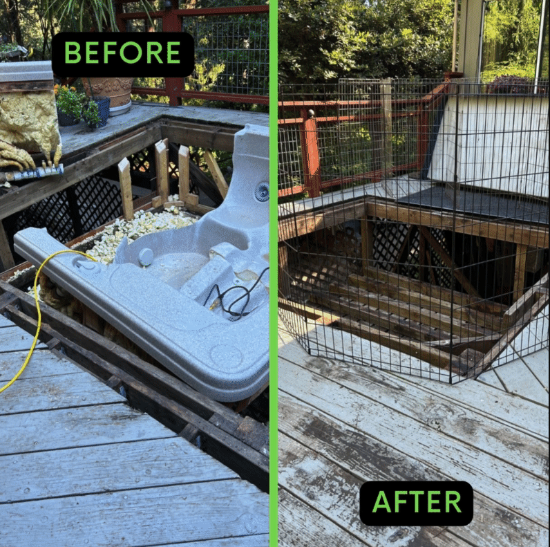 Before and after images showing the removal of a hot tub from a second-floor deck by Major Junk Hauling, illustrating the complexity of the removal and the clean, clear deck area afterward.