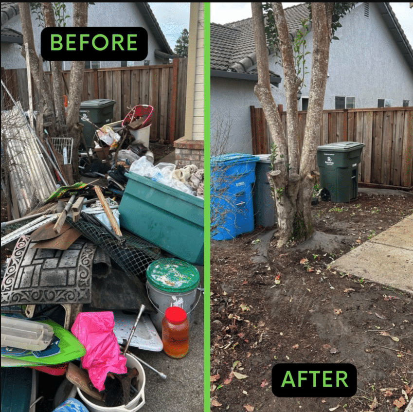 Before and after image of a tree-side yard cleanup in Sonoma County by Major Junk Hauling, showing significant junk removal and yard transformation